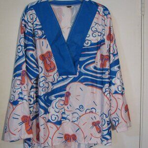 * Unbranded Silk Look Blouse Medium New NWOT Animal Print Blue Orange V Neckline